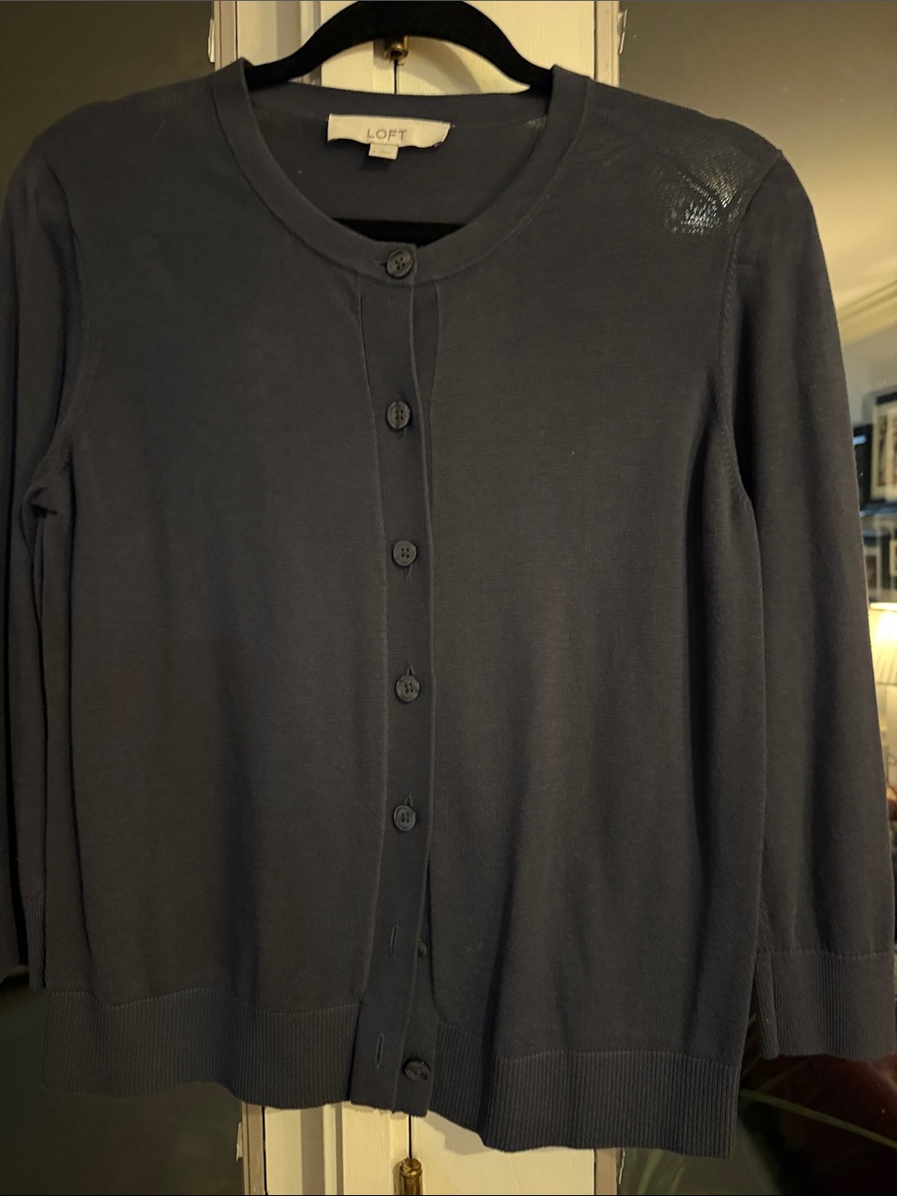 LOFT Slate Blue Crewneck Button-Front Cardigan